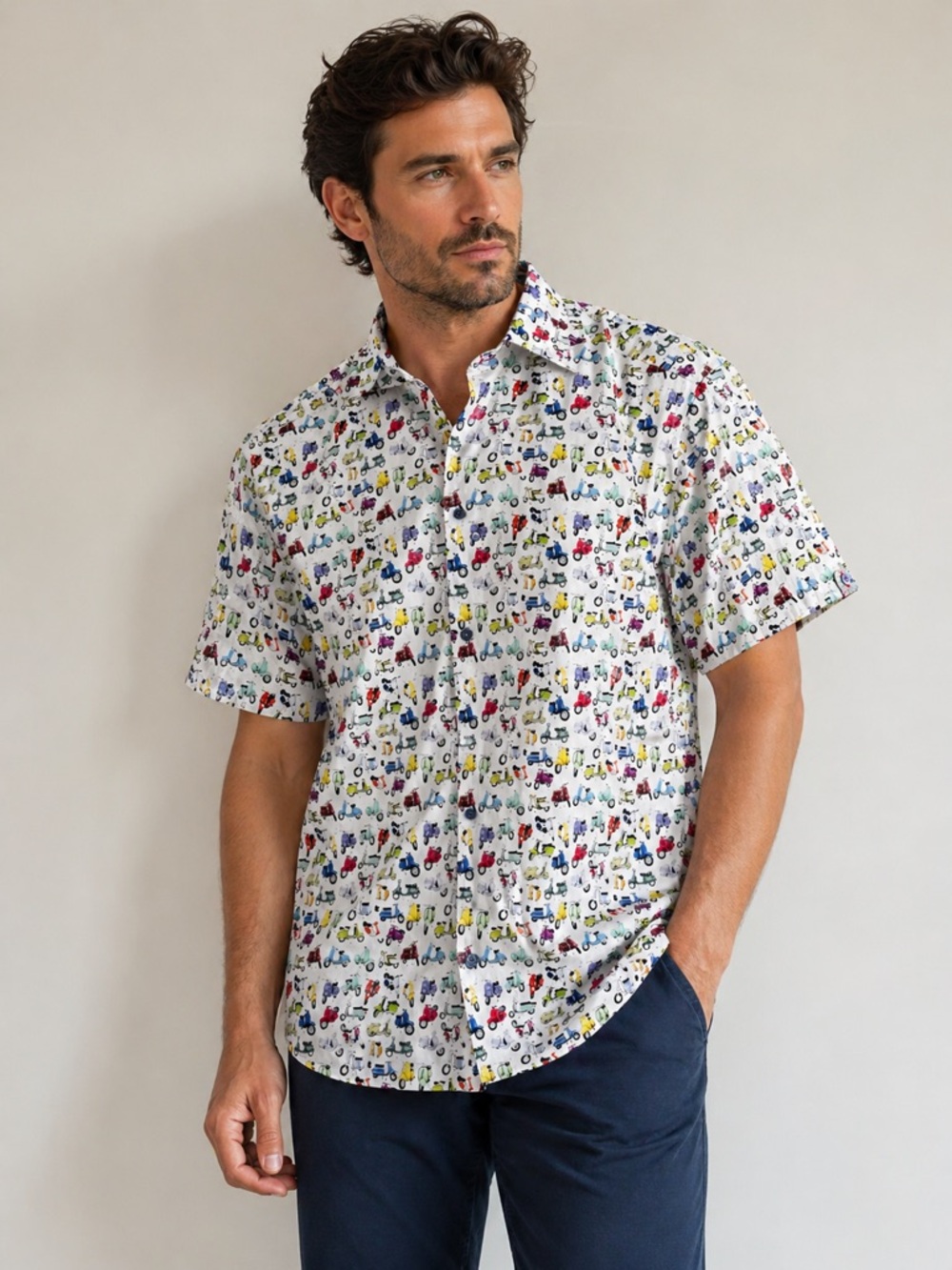 7 Downie St London Scooter Print Shirt Men’s Medium NWT Short Sleeve Button-Up